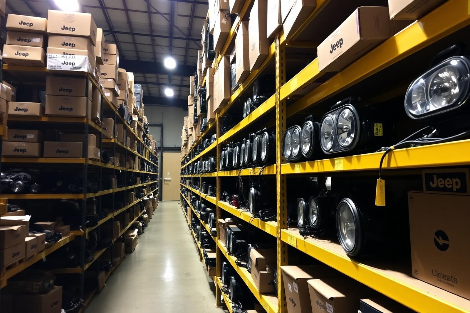 Organized warehouse with OEM Jeep parts